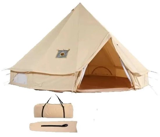 Deltamerch tent 4 personen - Kampeertent - Tipi - Yurt - Canvas tent - Waterdicht - Ademend - Kachelopening - 3M diameter - Beige