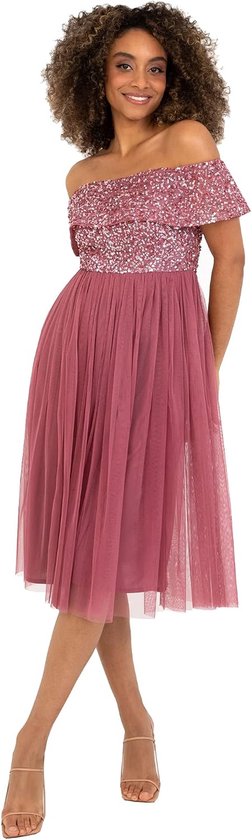 Deluxe Bardot-jurk voor dames, midi-jurk met hoge taille en pailletten, versierd, formeel evenement voor bruiloft, gast, bruidsmeisjesjurk, desert roze, 38 van Deluxe