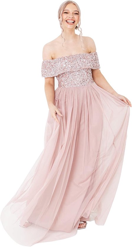 Deluxe Dames Bardot Jurk voor Vrouwen Maxi Versierd Hight Empire Taille Mouwloze Tule voor Bruiloft Gast Prom Graduation dames Bruidsmeisjesjurk (1-Pack)
