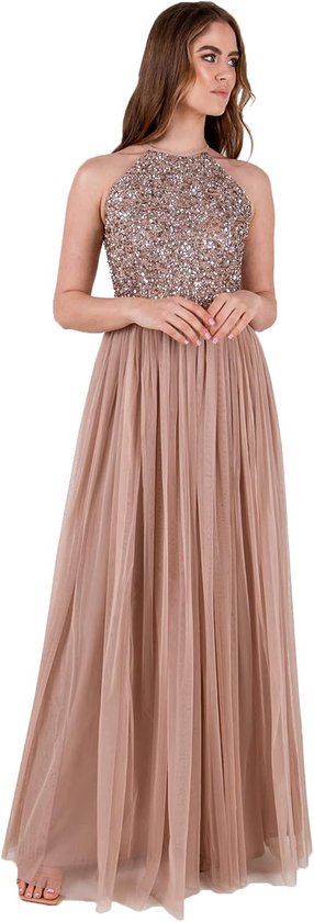 Deluxe Dames bruidsmeisje maxi-jurk halter hals pailletten verfraaid gala afstuderen bruiloft bruidsmeisjesjurk dames, Taupe blos, 46