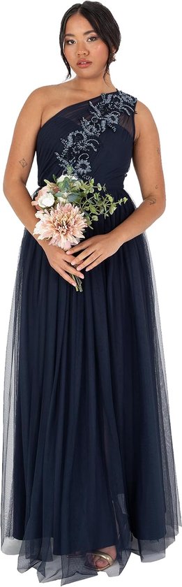 Deluxe Damesjurk, maxi-jurk, mouwloos, schoudervrij, pailletten, tule, split, A-lijn, voor bruiloft, bal, jurk voor dames, marineblauw, 48