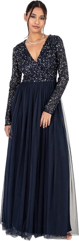 Deluxe Ladies Maxi Dress For Women With Long Sleeves V Neckline Plunging Sequin Embellished For Wedding Guest Bridesmaid Prom dames Jurken