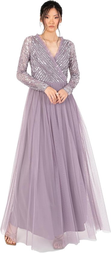 Deluxe Maxi-jurk voor dames en dames, versierd met tule en V-hals, lange mouwen, voor bruiloft, gast, bruidsmeisje, gala, baljurk (1 stuks)