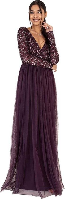 Deluxe Maxi-jurk voor dames, lange mouwen, V-hals, diepe pailletten, verfraaid voor bruiloft, gast, bruidsmeisje, gala, A-lijn, 42