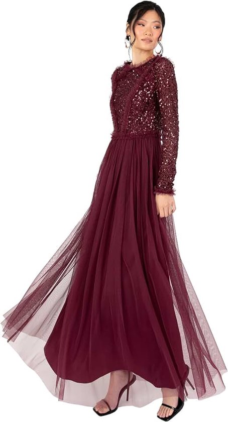 Deluxe Maxi-jurk voor dames, ronde hals, lange mouwen, pailletten, versierd met tule ruches, voor bruiloft, gast, bruidsmeisje, baljurk, Rode Bes, 42 van Deluxe