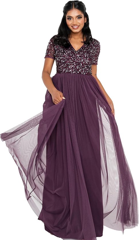 Deluxe Maya Deluxe Dames Jurk voor Bruiloft Gast Plus Size Empire Hoge Taille Pailletten Korte Mouw Avond Bruidsmeisje dames Bruidsmeisjesjurk (1-Pack)