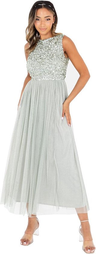 Deluxe Maya Deluxe Midaxi Jurk voor Vrouwen Dames Mouwloze Pailletten Hoge Rijk Taille Tule Versierd voor Bruiloft Gast Bal dames Bruidsmeisjesjurk (1-Pack) van Deluxe