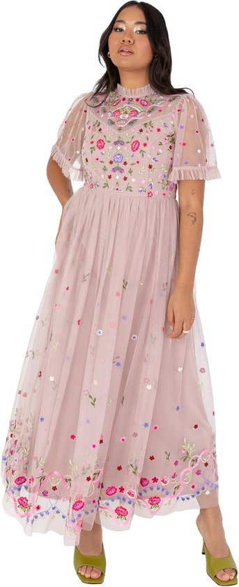 Deluxe Midaxi-jurk voor dames, korte mouwen, ruches, hoge hals, geborduurde A-lijn voor bruiloft, gast, gelegenheid, baljurk, Frosted Roze, 42