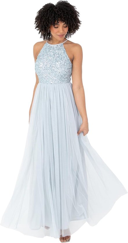 Deluxe Verfraaide mouwloze maxi-jurk met lovertjes voor dames, bruidsmeisjesjurken voor bruiloften, feesten en avondkleding, halternek voor dames, ijsblauw, 20, IJsblauw, 46