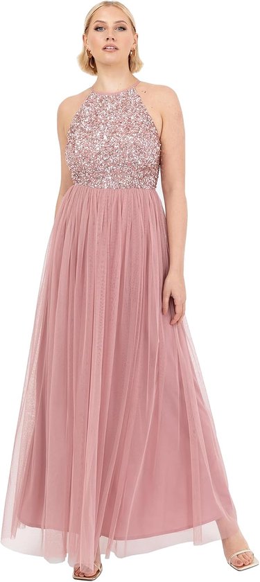 Deluxe Verfraaide mouwloze maxi-jurk met pailletten voor dames, bruidsmeisjesjurk voor bruiloften, feesten en avondkleding, halternek voor dames, dameskleding, vintage roze, 20, Vintage Roos, 46