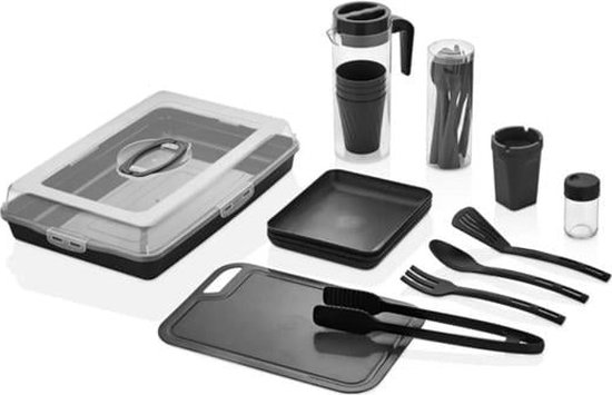 Dempa - 29 delig picknickset, BBQ set voor 4 personen, BPA-vrij, campingservices, vork, mes, lepel, bord, beker, picknickmand, picknicktassen - Zwart van Dempa