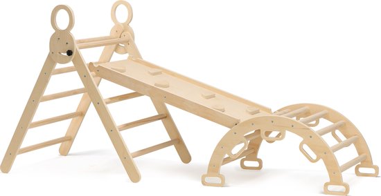 Deryan Luxe Opvouwbare Driehoek met Klimboog en Helling met Klimrek/Glijbaan - Montessori Meubels Houten Speelgym van Deryan