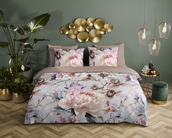 Descanso dekbedovertrek bloemen - 2 persoons 200x200/220 cm - Grijs - 100% Katoen satijn