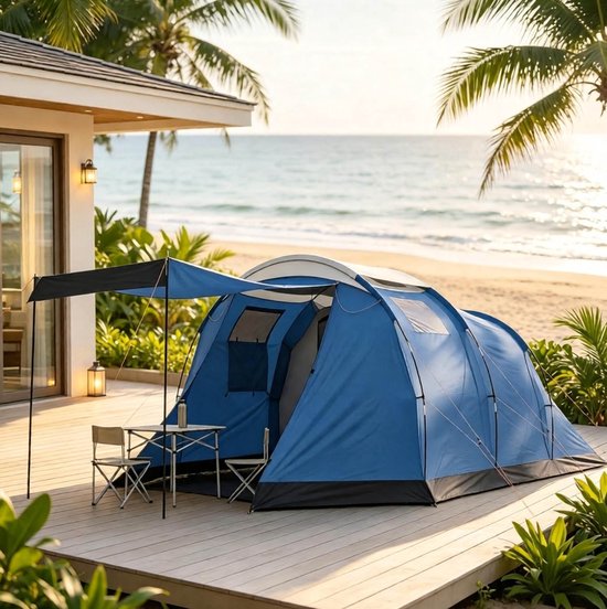 DESMIU Tunneltent - 4 Personen - 460 x 260 x 190 cm - Polyester - Blauw - Stahoogte 190 cm, Dubbele Wand Met Voorluifel