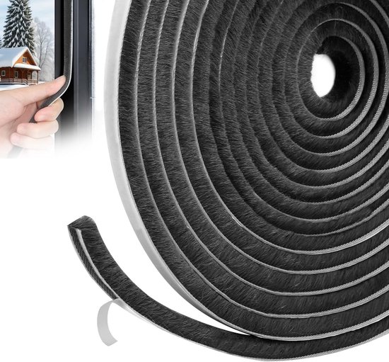 Deurborstel en Raamafdichting 6 m x 9 mm voor Geluidsisolatie, Koude- en Stofwering in Zwart van Merkloos