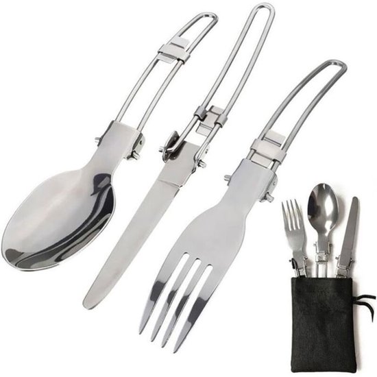 Deze opvouwbare 3-in-1 reisbestekset, bestaande uit een lepel, vork en mes, is ideaal voor kamperen en picknicks.