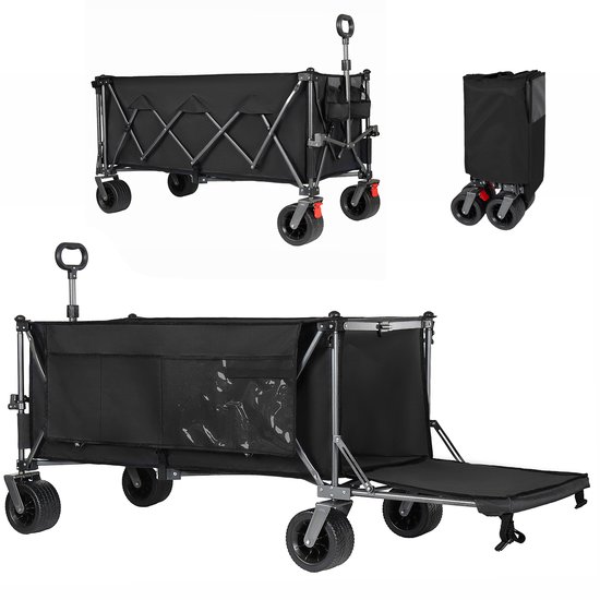 Deze opvouwbare handkar (zwart) met 300L+120L inhoud en achterklep, 180 cm lang, heeft extra brede 17x10 cm terreinwielen. Perfect voor tuin, boodschappen, strand en buitengebruik.