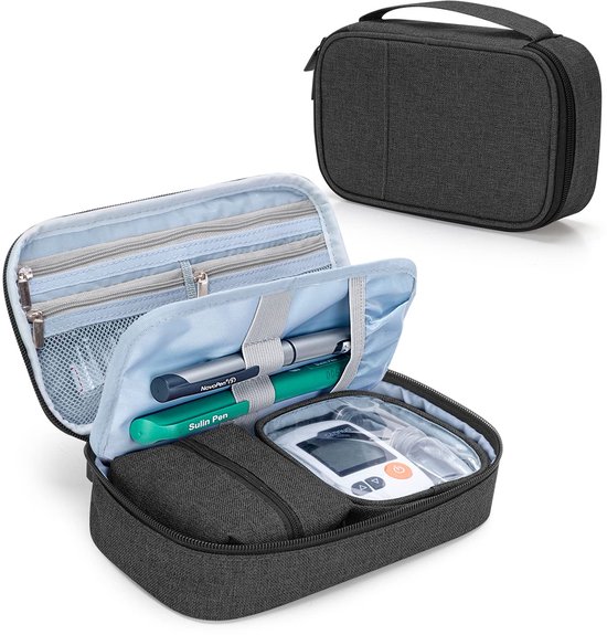 Diabetische Benodigdheden Tas voor Glucose Meter, Medicatie, Insuline Pennen en andere Diabetes Care Supplies, Diabetes Reis Organisator Zaak met Afneembare Zakjes, Zwart (Tas Alleen)