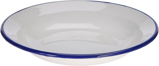 Diep Bord - Stalen Emaille - Kampeer Gebruik - Glad Oppervlak - 24 cm - Wit Blauw