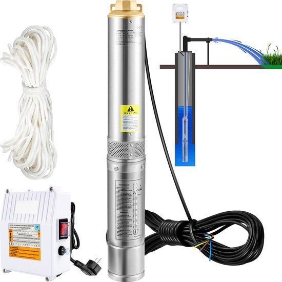 Diepe bron dompelpomp, 370 W, 230 V, 110 l/min, 44 m opvoerhoogte, 20 m kabel, roestvrij staal, IP68 waterdicht, met regelkast voor industrie, irrigatie en thuisgebruik van Vevor