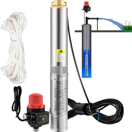 Diepe Bronpomp - Maximale Opvoerhoogte van 62 m - Stroom 105L/min - 750W - 50Hz - IP68 - met Externe Schakelkast en 20 m Stroomkabel - Terugslagklep en Filter - Voor Regentonnen - Reservoirs - Kanalen - Rivieren van Hillvert