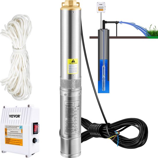 Diepe Bronpomp - Stroom 110L/min - 370W - Maximale Opvoerhoogte van 44 m - met Externe Schakelkast en 20 m Stroomkabel - met Terugslagklep en Filter - IP68 - Voor Regentonnen Reservoirs - Kanalen - Rivieren - Zilver van Wiltec