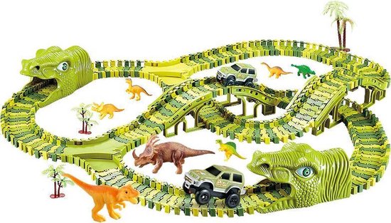 Dino Racebaan - XL 320-delig - Dinosaurussen en Auto’s - Met veel Attributen - Speelgoed - T-Rex - Batterijen van Dino.