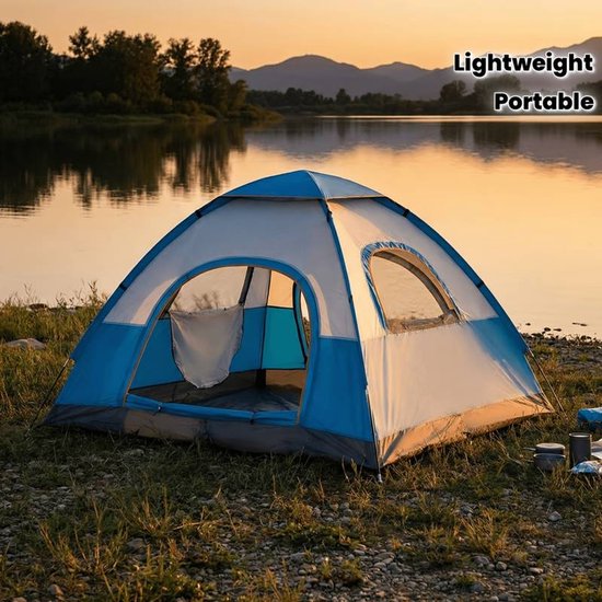 Direct opzetbare pop-uptent voor 2-3 personen, 2 deuren, 2 ramen, blauw beige, 200x150x110cm, lichtgewicht draagbare outdooruitrusting voor backpacken, strand, familie-avonturen