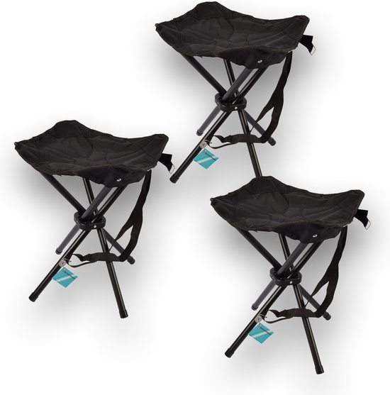 Discountershop Set van 3 Opvouwbare Vouwkrukjes met Tas - Zwart - Staal & Polyester - Ideaal voor Kamperen en Vissen