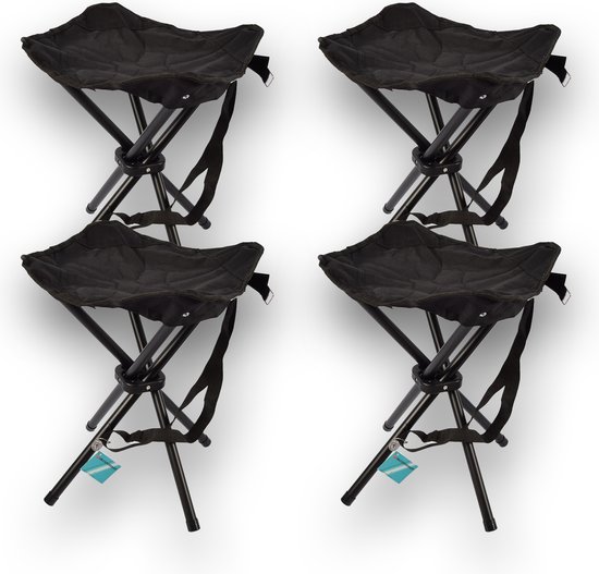 Discountershop Set van 4 Opvouwbare Vouwkrukjes met Tas - Zwart - 56cm x 33cm x 42cm - Staal & Polyester - Draagbaar - Ideaal voor Kamperen, Vissen en Meer