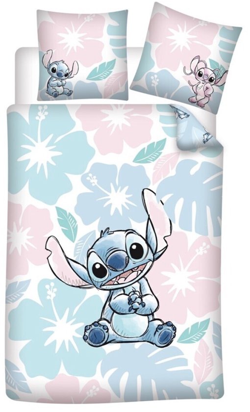 Disney Lilo & Stitch Dekbedovertrek, Tropical Flowers - Eenpersoons - 140 x 200 + 63 x 63 cm - Polykatoen van Disney