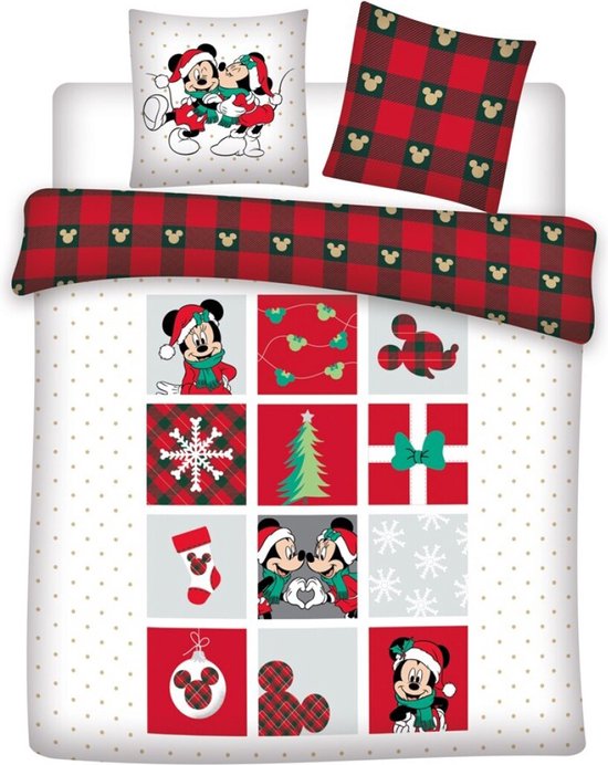 Disney Minnie & Mickey Mouse Dekbedovertrek Kerst - Lits Jumeaux - 240 x 220 + 2x 65 x 65 cm - Katoen Flanel van Disney
