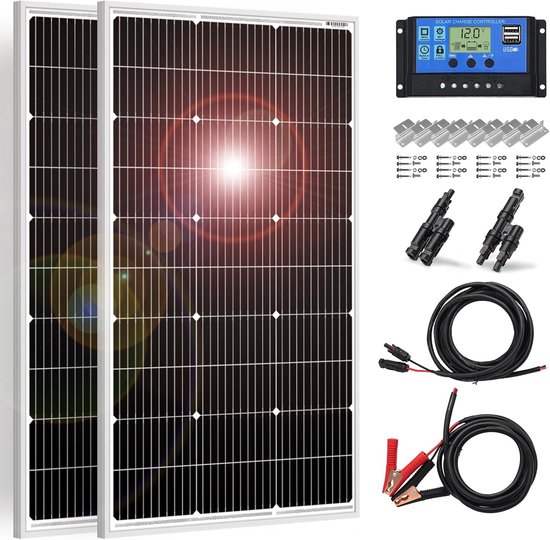 DOKIO Zonnepaneel 100W 2 stuks - 200W Totaalvermogen - 18V Monokristallijn - Voor 12V Accu, AGM en Gel - Ideaal voor Camper, Camping en Tuinhuis van Merkloos