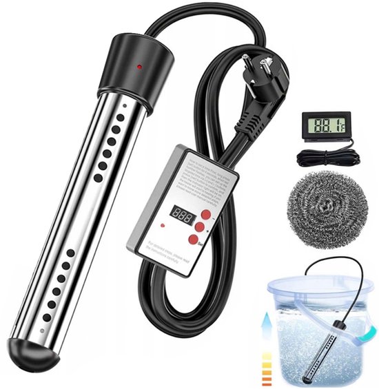 Dompelverwarmer – voorzien van thermometer en staalwol – 3000W – uitgerust met thermometer – krachtig verwarmingselement – ​​warmwaterboiler – intelligente timer – zwart