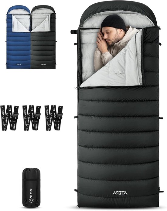 Donsslaapzak - 3-in-1 slaapzak - Kamperen en wandelen - Waterafstotend ripstop nylon - 225 x 90 cm - Zwart
