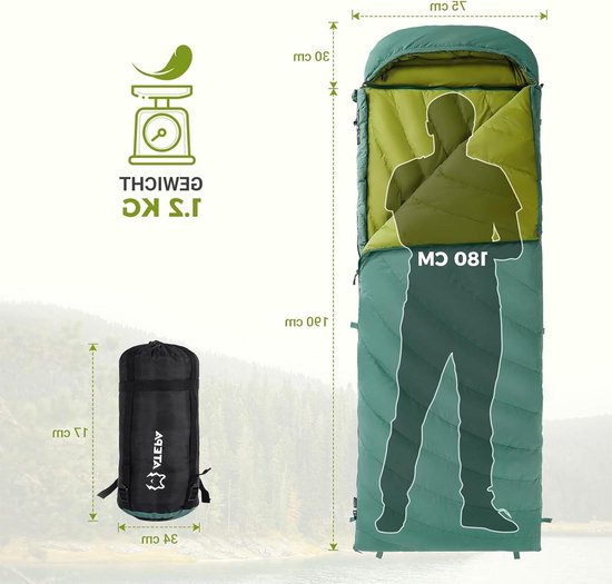 Donsslaapzak Hybride - Dekenslaapzak Outdoor - Kamperen Reizen - Waterafstotend Ripstop Nylon - 220x75cm - Grijsgroen