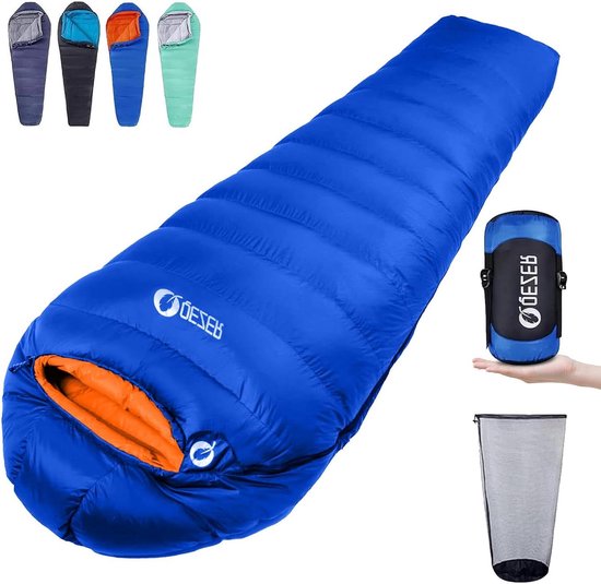 Donsslaapzak - Lichte winterslaapzak - Outdoor kamperen - Hoge donsvulling - 215 cm x 80 cm - Saffierblauw