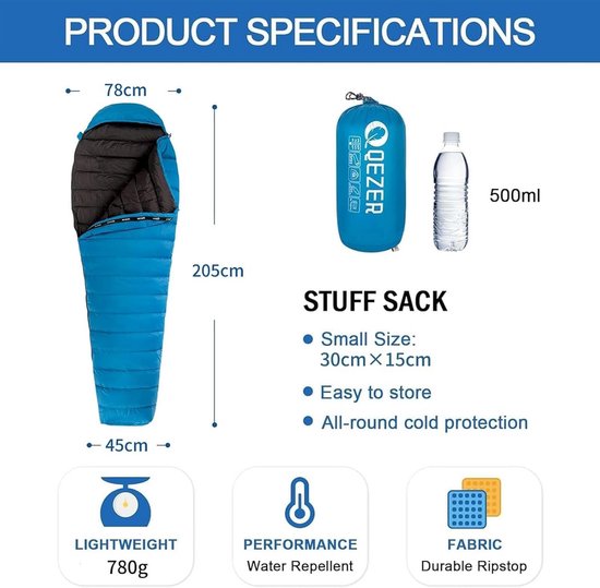Donsslaapzak Lichtgewicht - Compacte Slaapzak - Kamperen Trekking Wandelen - Hoogwaardig 600 FP Dons - 215x78cm - Blauw