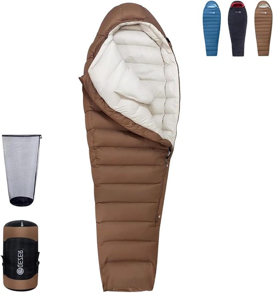 Donsslaapzak - Lichtgewicht Slaapzak - Kamperen en Trekking - Kleine Pakmaat - 225 cm - Koffie