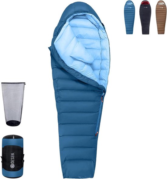 Donsslaapzak - Lichtgewicht slaapzak - Kamperen en wandelen - Kleine pakmaat - 225 x 82 cm - Blauw
