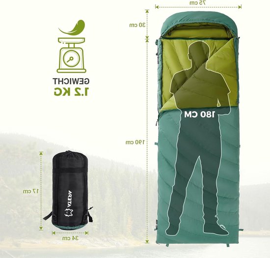 Donsslaapzak - Outdoor slaapzak - Kamperen en reizen - 3-in-1 ontwerp - 220x75cm - Grijsgroen