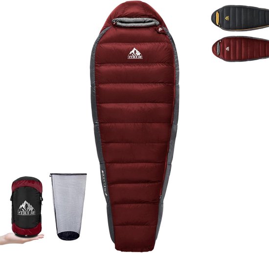 Donsslaapzak Volwassenen - Kampeerslaapzak Lichtgewicht - Buitenactiviteiten Kamperen - 680FP Dons Vulling - 210 x 80 cm - Rood