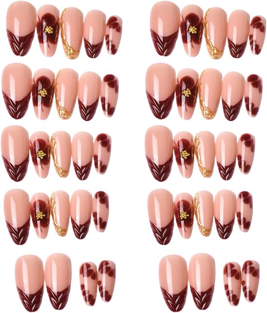 Doonail-s druk op nagels startset, druk op nagels Almond, Doonail-s druk op extra korte nagels, D-gouden gestreepte parel ontwerp, 30 nagelset, zonder UV-licht (kunstbloemen)