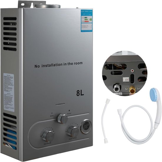 Doorstroomboiler 6 l/8 l, 16 kW gasboiler, LPG boiler met maximale warmwatertemperatuur 60 °C en G 1/2 inch aansluiting