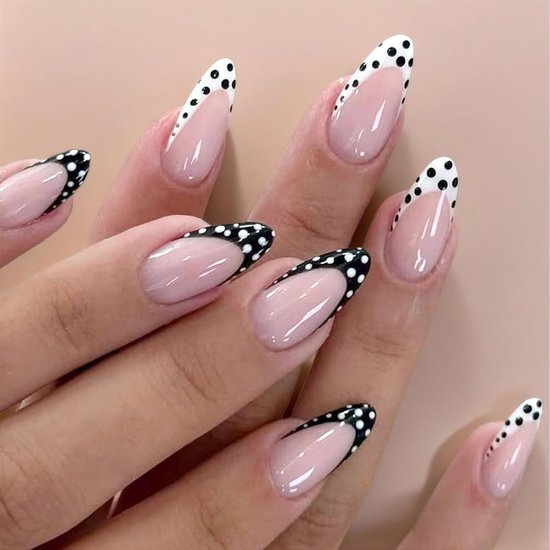 Dot French Press On Nagels Middelgrote Amandel Kunstnagels, Witte Zwarte Franse Tips, Glanzende Acryl-Nagels, Full Cover Herbruikbare Plaknagels voor Vrouwen, 24 Stuks