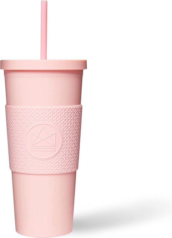 Double Wall Cup with Straw and Lid - 650 ml - Food Grade Silicone Cover - Leak-Proof - Matt Pastel Acrylic - Reusable Cup Silicone Foldable Cup van Merkloos