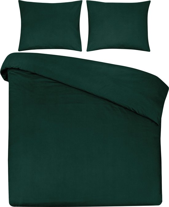DoubleDry Dekbedovertrek 100% Natuurlijk Katoen - Eenpersoons 140x200/220 cm + 1 Kussensloop - Ademend & Zacht - Donkergroen van DoubleDry