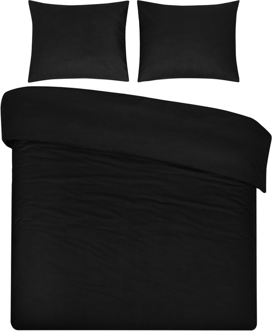 DoubleDry Dekbedovertrek 100% Natuurlijk Katoen - Eenpersoons 140x200/220 cm + 1 Kussensloop - Ademend & Zacht - Zwart van DoubleDry