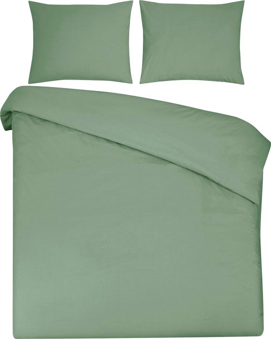 DoubleDry Dekbedovertrek 100% Natuurlijk Katoen - Tweepersoons 200x200/220 cm + 2 Kussenslopen - Ademend & Zacht - Oudgroen