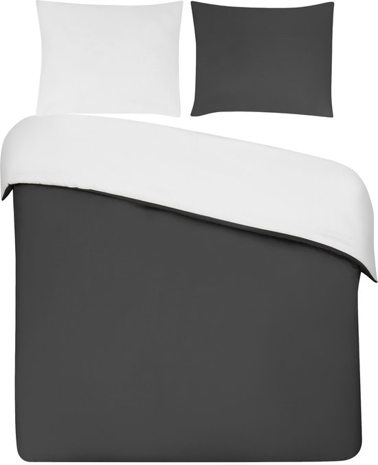 DoubleDry Dekbedovertrek 100% Percal Katoen - Eenpersoons 140x200/220 cm + 1 Kussensloop - Zacht, Ademend en Huidvriendelijk - Antraciet/Wit van DoubleDry